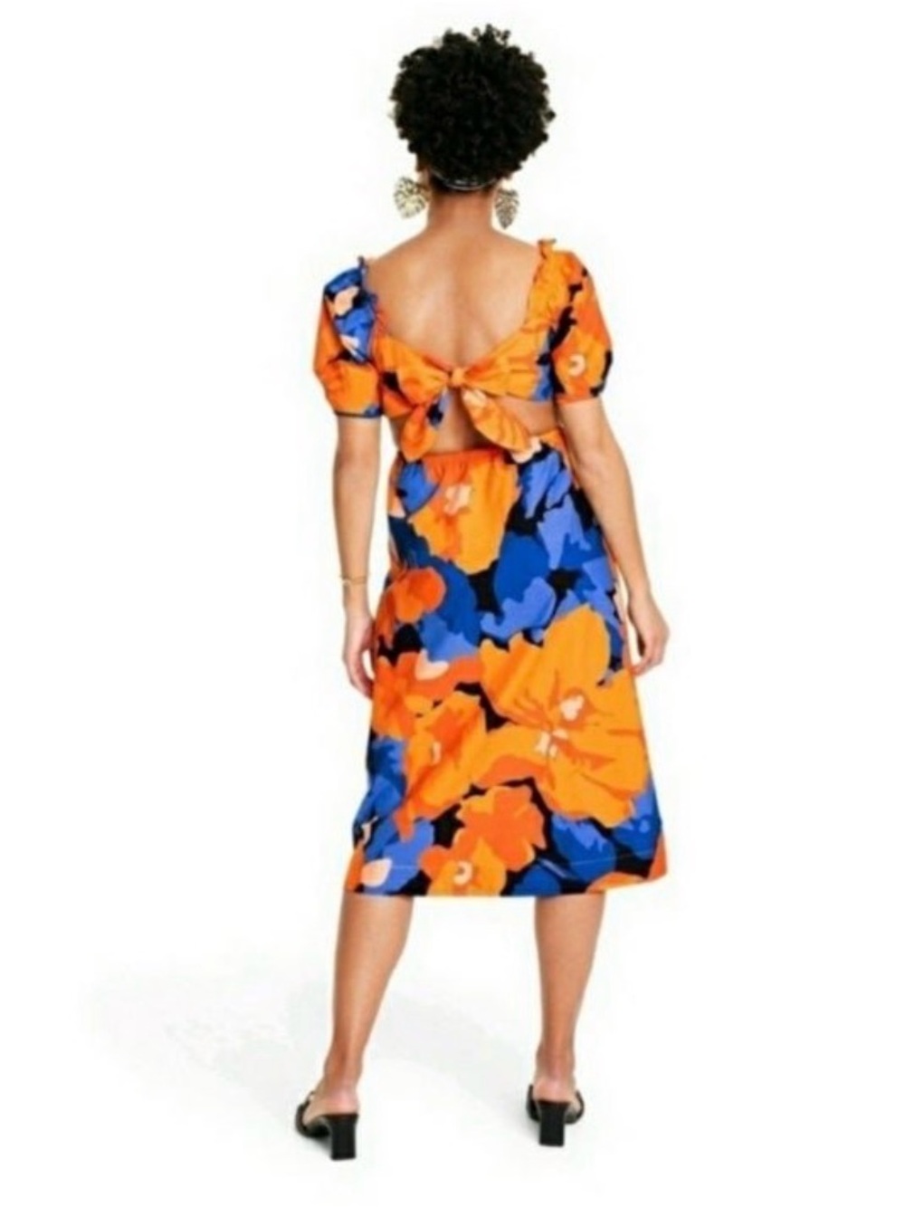 Tabitha Brown Orange and Blue Floral Tie-Back Midi Dress